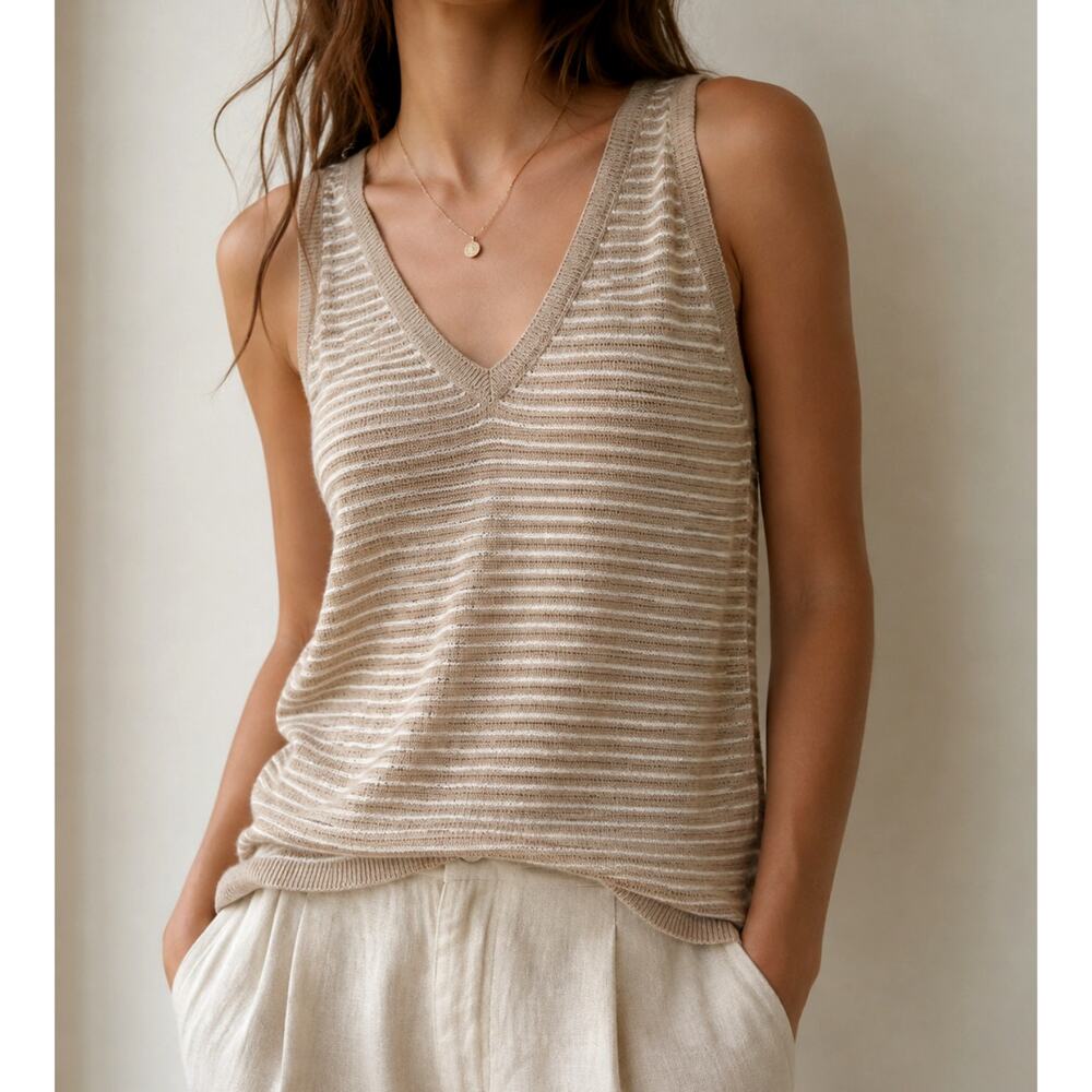 Luminary 100% Cotton Striped Knit Blouse Tank Neutral Beige Minimalist Large